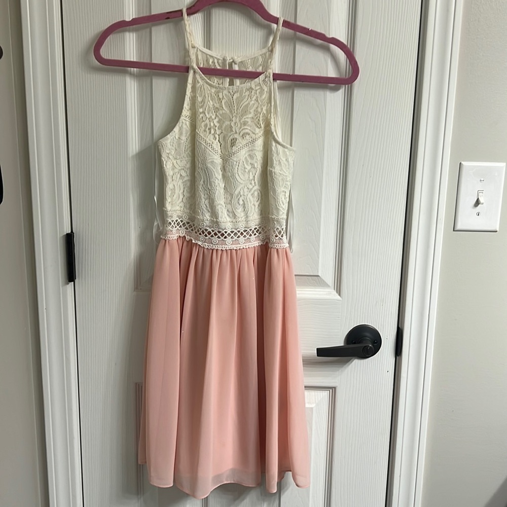 White and pink woven mini dress